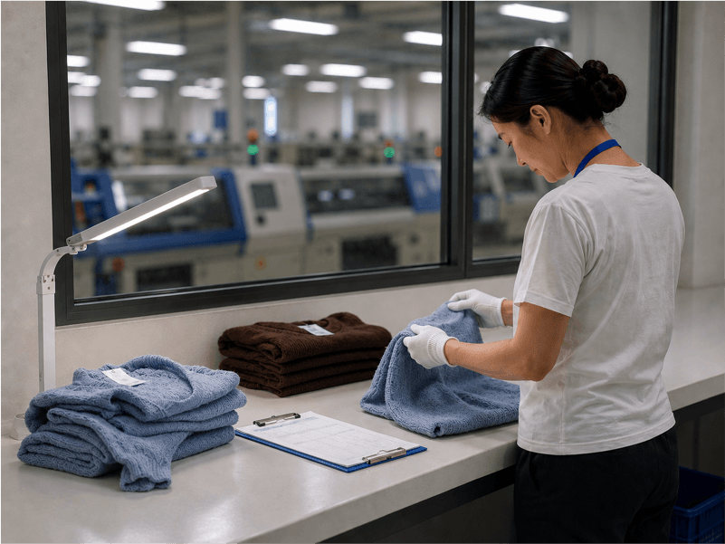 Quality inspector examining folded garments on production line