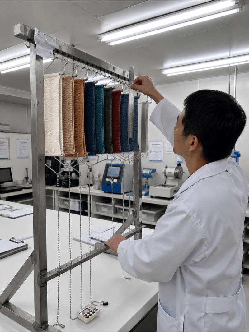 Technician reviewing production data on tablet beside knitting machines