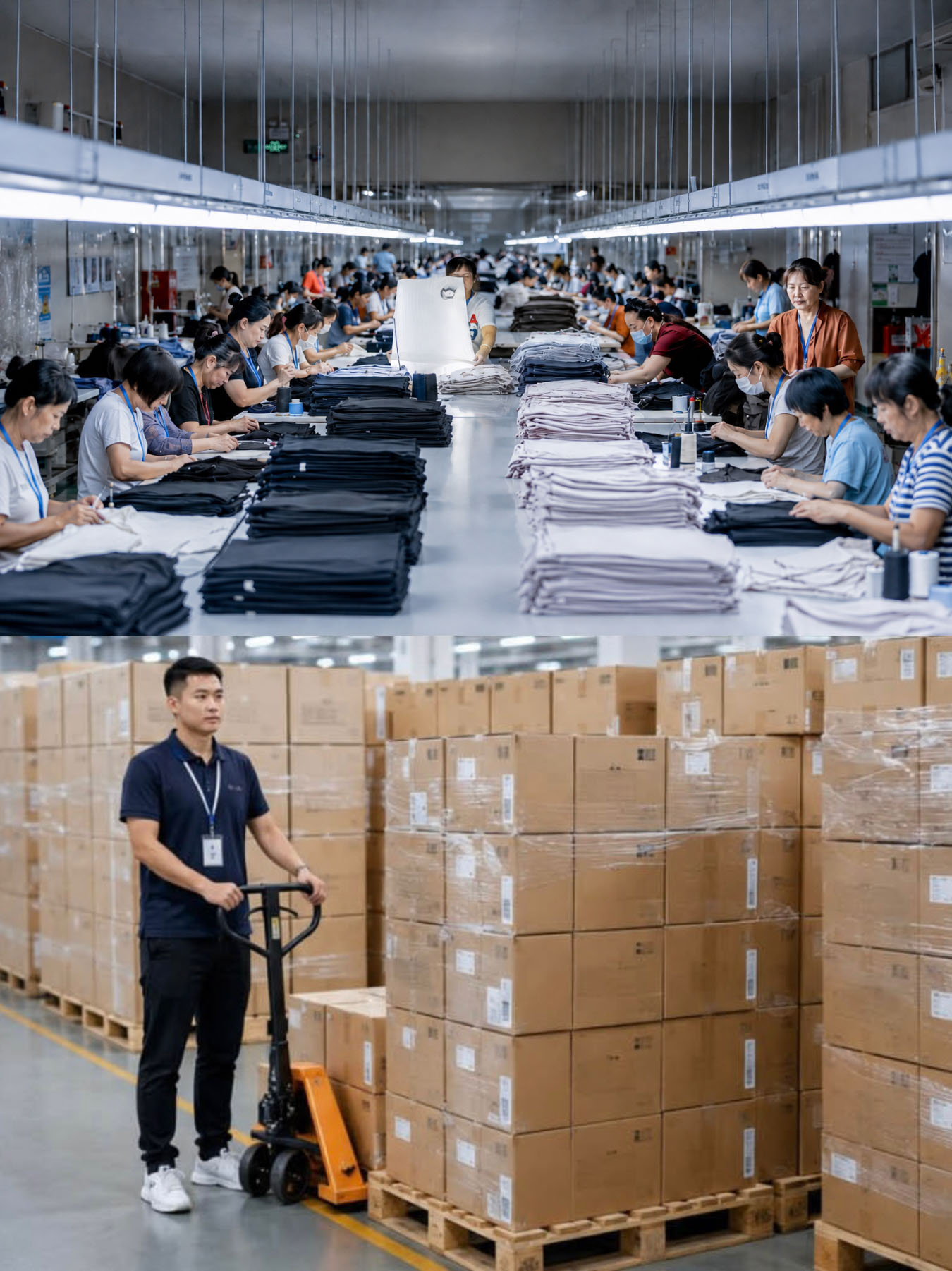 Technician reviewing production data on tablet beside knitting machines